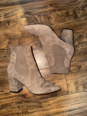 Steve Madden Taupe Suede Knit-Panel Block Heel Ankle Boots